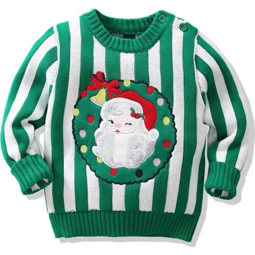 Christmas Baby Girls Boy Long Sleeve Stripe Embroidery Knit Sweater Autumn Kids Girls Boy Pullover Sweaters Childrens Clothes