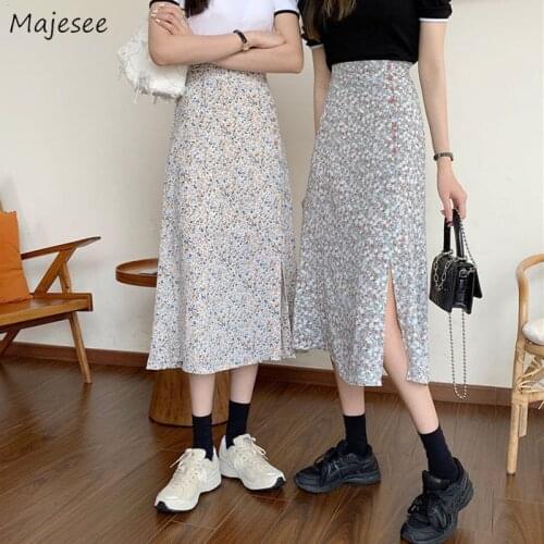 Skirts Women Button Design Casual Summer Chiffon Streetwear Simple Floral Cozy Side-split Korean Preppy Style Newest Hot Sale