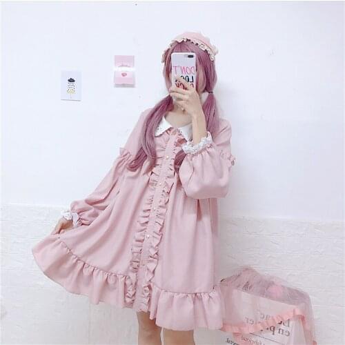 Women Pink Lolita Mini Party Dress Peter Pan Collar Ruffles Star Shirt Dress Cute Kawaii Christmas New Year Gift Japan Dresses