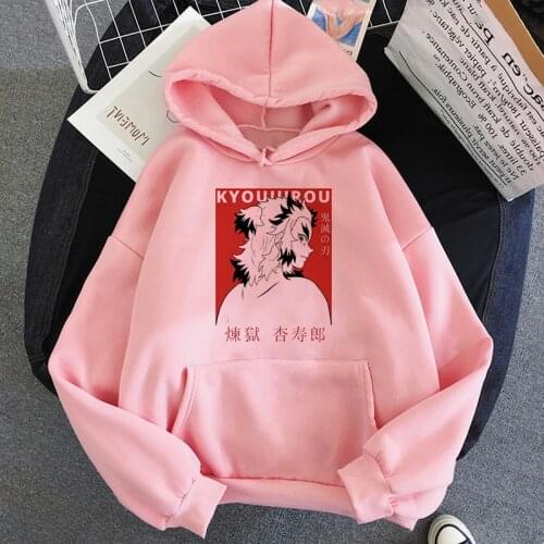 Demon Slayer Oversized Hoodies Women Rengoku Kyoujurou Kimetsu No Yaiba Kawaii Anime Pullover Harajuku Loose Sweatshirt Female