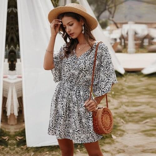 Summer Ladies Temperament Short Floral Dress Women 2021 New Vacation Print Button V-neck Above Knee Mini Dress