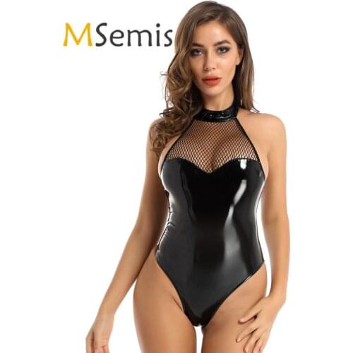Womens Lingerie Latex Bodysuit Patent Leather Leotard Clubwear Halter Mesh Patchwork Zipper Closure Stage performance Costume