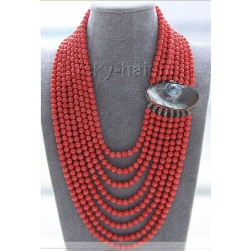 Free Shipping 18"-26" 8row 6mm round pink coral beads necklace 925s mabe pearl clasp Women Party, Luxury