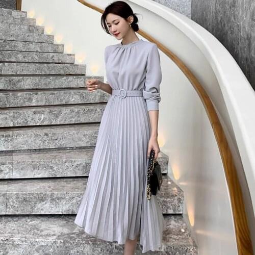 Runway New 2021 Autumn Women Fashion Dresses Long Sleeve Dress Big Swing High Waist Pleated Midi Dress Vestidos
