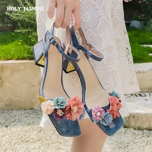2019 Summer Genuine Leather High Heels Flower Sandals Woman Ankle Strap Sandals Office Daily Shoes Woman Footwears Size 34-42