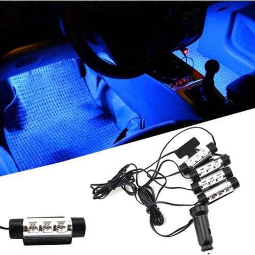 Car Interior Atmosphere Light Auto Decorative Blue Lights Cigarette Lighter Adapter Mount Floor Foot One with Four Strip Lamp