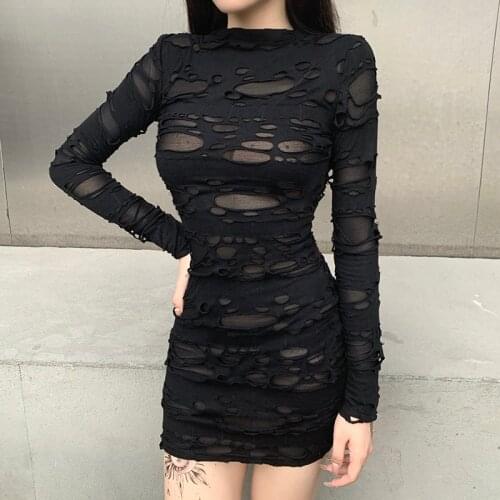 Hollow Out Mini Dress Punk Streetwear Retro Bodycon Long Sleeve High Waist Dress Goth Harajuku Grunge Black Dress Gothic Sexy