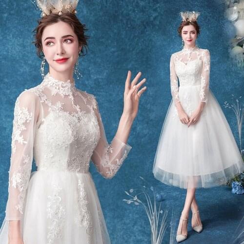 White mid calf 110cm full sleeve lady girl simpe wedding dress bridal party dress gown free shipping