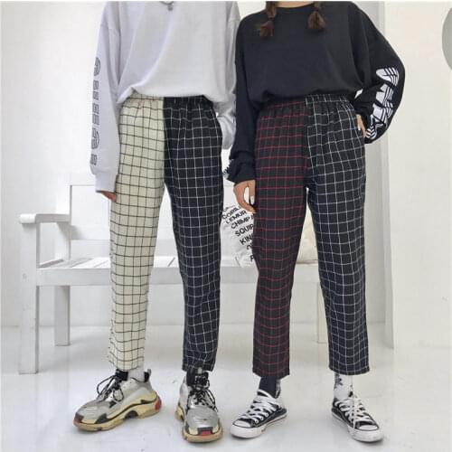 Fashion Vintage Plaid Patchwork Pants Harajuku Woman Man Trousers Elastics High Waist Pants Korean Causal Straight Pants