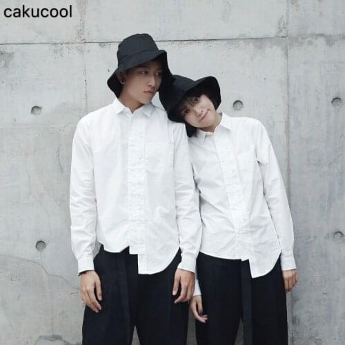 Cakucool 2019 spring new men and women simple casual white shirt irregular double-breasted long-sleeved Slim lovers shirt tide
