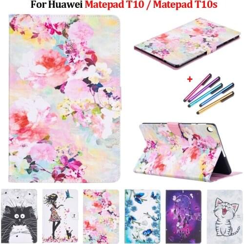 Cat Flower Painted Flip Tablet Funda For Huawei Matepad T10 T10s Case Leather Stand Tablet For Huawei matepad t10 s t 10s Case
