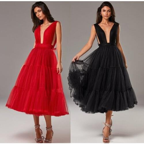 Black Midi Tulle Prom Dresses 2021 Deep V-Neck Open Bow-Back Tea-Length Wedding Party Dresses Graduation Gown vestidos de fiesta