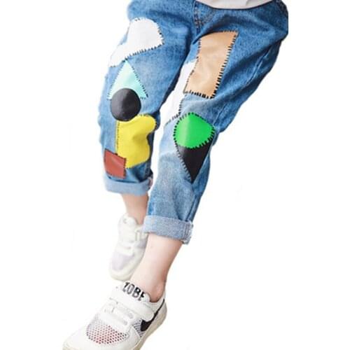 Childrens Clothing 2018 Autumn New Childrens Boys and Jeans Girls Casual Patch Loose Jeans Long Pants 4-12 Ages