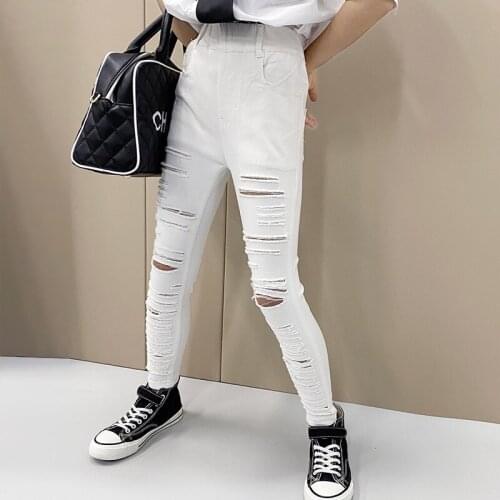 Girls Ripped Leggings Spring Korean Version of The Big Childrens Self-cultivation Small Feet All-match Nine-point Magic Pants