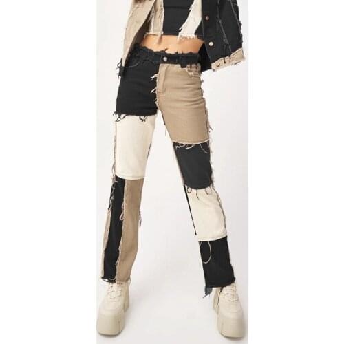 Patchwork Skinny Straight Jeans Women High Waist with Pockets Color Block Ladies Jeans Trousers Denim Pants