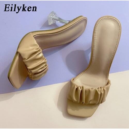 Eilyken Fashion Strange Heel Women Slippers Square Toe Mules Slides Slip On Summers New Clear Perspex Crystal High Heels Shoes