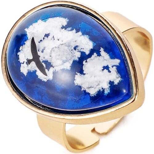 Geometric Round Waterdrop White Clouds Blue Sky Rings Adjustable Resin Bird Pattern Finger Ring Fashion Party Ring Jewelry Gift