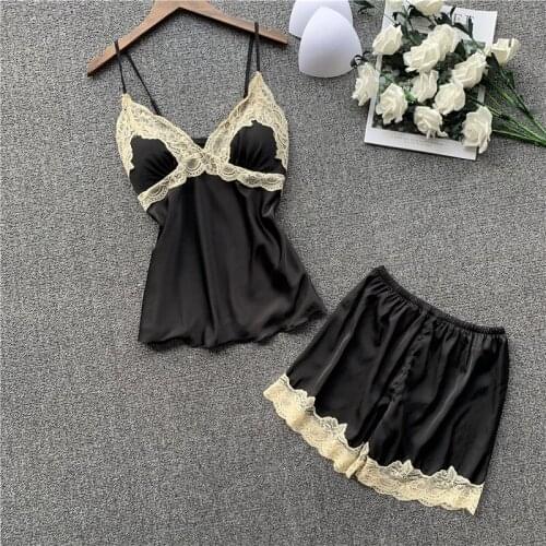 Faux Silk Satin Pajamas Set 2 Piece Women Summer Sleeveless Strap Sling Shorts Sleepwear Pajamas Suit Home Wear with Chest Pads