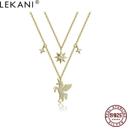 LEKANI 925 Sterling Silver Women Necklace Gold Plated Unicorn Pendant Multi Layer Chain Necklaces New Arrival Fine Jewelry Gift