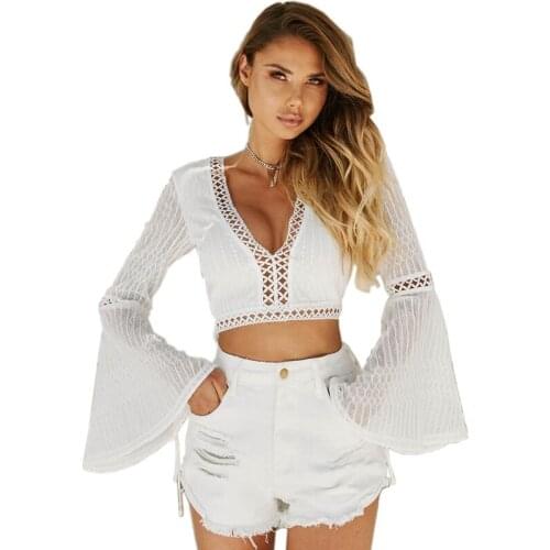 Summer Flare Sleeve Woman Shirt White Lace Woman Blouse 2020 Summer Crop Top