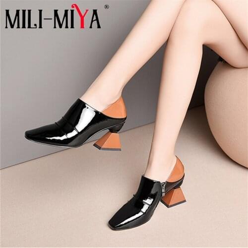 MILI-MIYA Fashion Patent Leather Women High Heel Shoes Square Toe Zipper Girls Party Wedding Spring Ladies Pumps Big Size