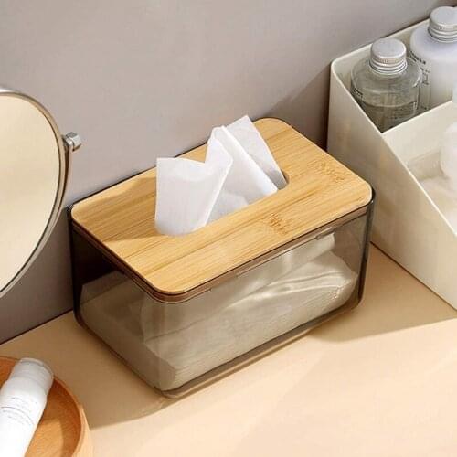 MLGB Tissue Box Facial Tissue Dispenser Box with Bamboo Wood Lid Transparent Container Modern Minimalist Design