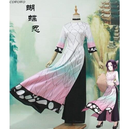 [Customized] Anime! Demon Slayer: Kimetsu no Yaiba Kochou Shinobu Vietnam Cheongsam Student Dress Ao Dai Role Play Clothing