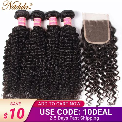 Nadula Hair 4/3 Bundles With Closure Brazilian Curly Hair Bundles With 4*4 Lace Closure 100% Remy Hair Weaves Natural Color
