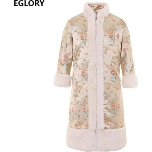 High Quality Brand Parka Long Coats 2020 Winter Warm Parkas Women Vintage Jacquard Print Rabbit Hair Patchwork Parka Cardigans