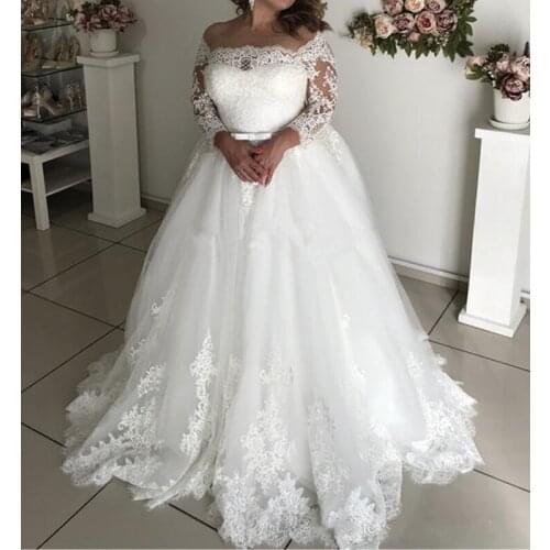 Plus Size A-Line Wedding Dresses 2020 Sexy Off Shoulder Long Sleeves Appliques Illusion Back Garden Country Bridal Dress robe