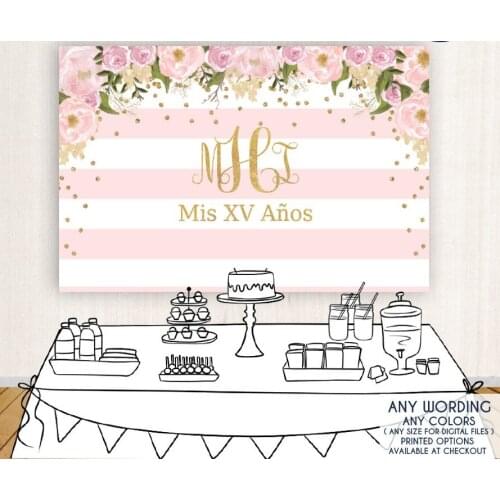 Custom flower leaves birthday faux gold monogram pink and white striped backdrop Computer print wood backgrounds