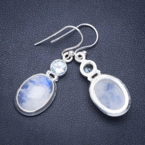 Natural Rainbow Moonstone and Blue Topaz Handmade Unique 925 Sterling Silver Earrings 1.5" A0843