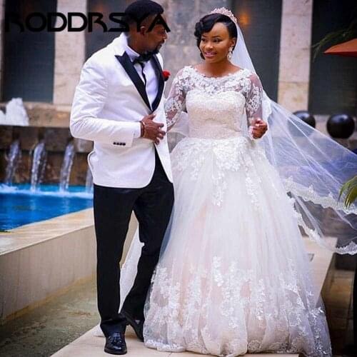 RODDRSYA South African A Line Wedding Dress Lace Appliques Tulle Long Sleeves Wedding Bridal Gowns For Black Girls