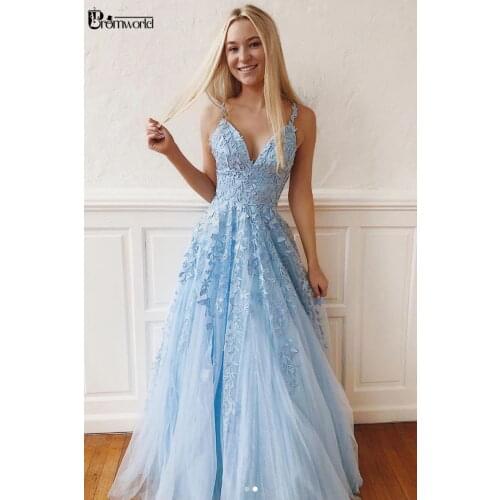 Light Blue Prom Dresses 2020 A Line V Neck Open Back Lace Tulle Floor Length Long Prom Gowns Elegant Evening Party Dress