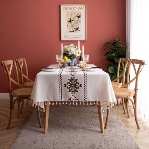 Thick Embroidered Table Cloth With Tassels Linen Cotton Rectangular Table Cover For Dining Wedding Party Decoration Mantel Mesa