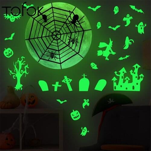 Tofok Halloween Green Luminous Wall Stickers Horror Ghost Spider Web Festival DIY Wall Decals Creative Home Party Decorations