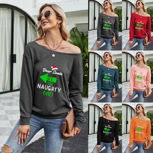 Womens round neck long-sleeved solid color cotton and linen casual loose fashion T-shirt with Christmas hat pattern