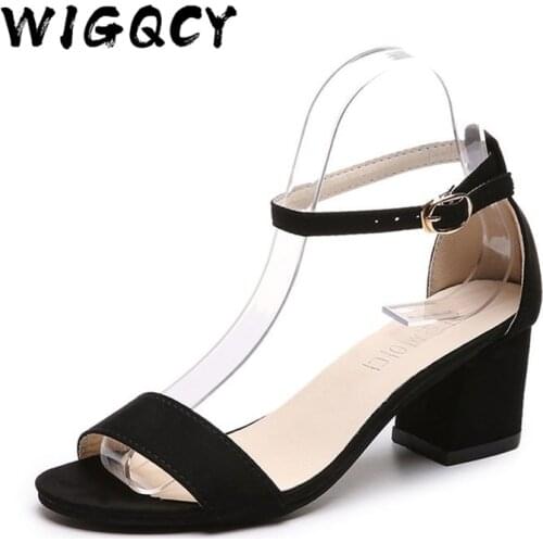 Open toe Suede Roman Square heel High heels sandals women 2019 summer shoes Fashion Sexy word Buckle Strap ladies shoes female