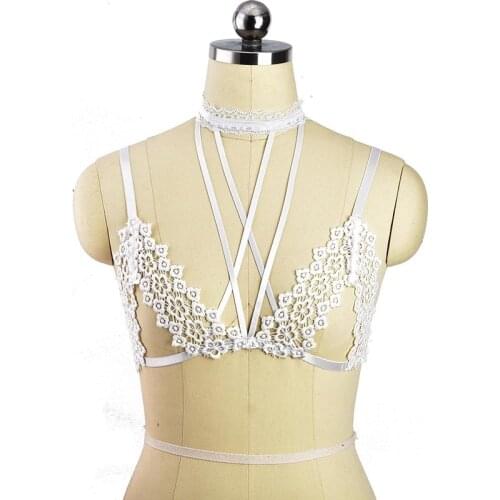 Fetish Body Cage Bra White Lace Bondage Harness Goth Sexy Lingerie Elastic Adjustable Crop Top Body Harness Women Bodysuit