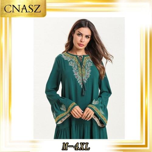 Abaya Dubai For Women Middle East Fashion Large Size Womens Army Green Trumpet Sleeves Embroidered Dress