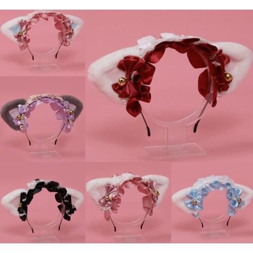 Women Cat Ears Lace Headdress with Bells Bowknot Adorn Plush Fluffy Headband Maid Anime Halloween Cosplay Accessories