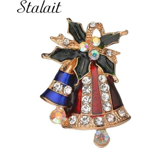 10 pcs Christmas Hat Crystal Bell Brooches Women Red Green Rhinestones Tree Apple Elk Brooch Pins Xmas Sock Party Gift