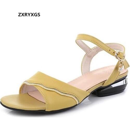 2021 Summer New Fish Mouth Sandals Rhinestone Genuine Leather Sandals Comfortable Low Heel shoe Fashion Sandals Shoes Size 34-43
