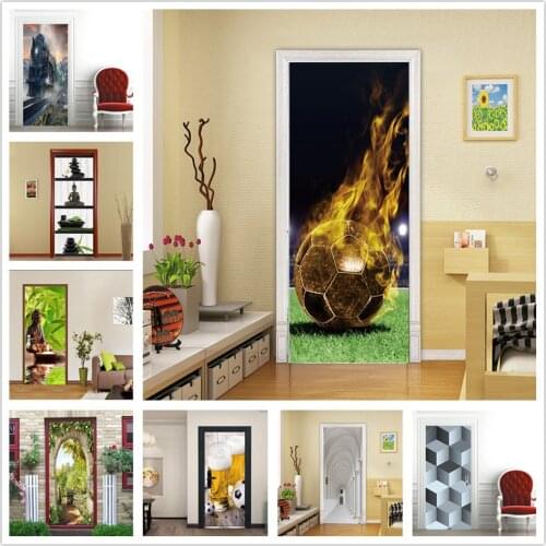 3D Football Wallpaper On The Door Self-adhesive PVC Sticker Porte Green Landscape Poster Home Door Decoration Mural Deursticker