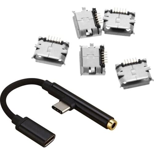 5 Pcs Micro-B USB Female Connector with 2In1 Type-C to USB-C Jack Aux Earphone Cable Adapter for Huawei P20 Xiaomi