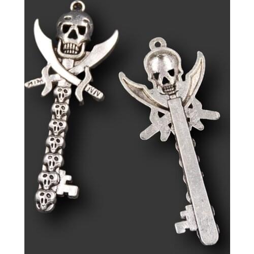 6pcs Silver Plated Skull Warrior Pendant Halloween Necklace Earring Accessories DIY Charm Jewelry Handicraft Making 60*23mm A487