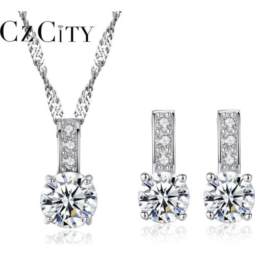 CZCITY Classic Women 925 Silver 5mm Main Stone Hearts & Arrows Cubic Zirconia Earrings Necklace Engagement Bridal Jewelry Sets