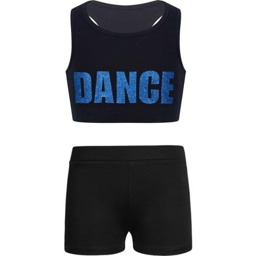 Kids Girls Ballet Dancewear Gymnastics Clothes Set Letters Printed Sports Bra Tops Tank Crop Top With Shorts Tracksuit Outfit