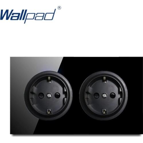 Wallpad Dual EU German Wall Power Socket Crystal Tempered Pure Black Glass Panel Outlet Grounded 146*86mm