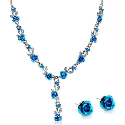 Rose Flower Necklace Marriage Rhinestone Fashion Necklace Earring Sets Wedding Bridal Jewelry Set African Beads Jewelry Set